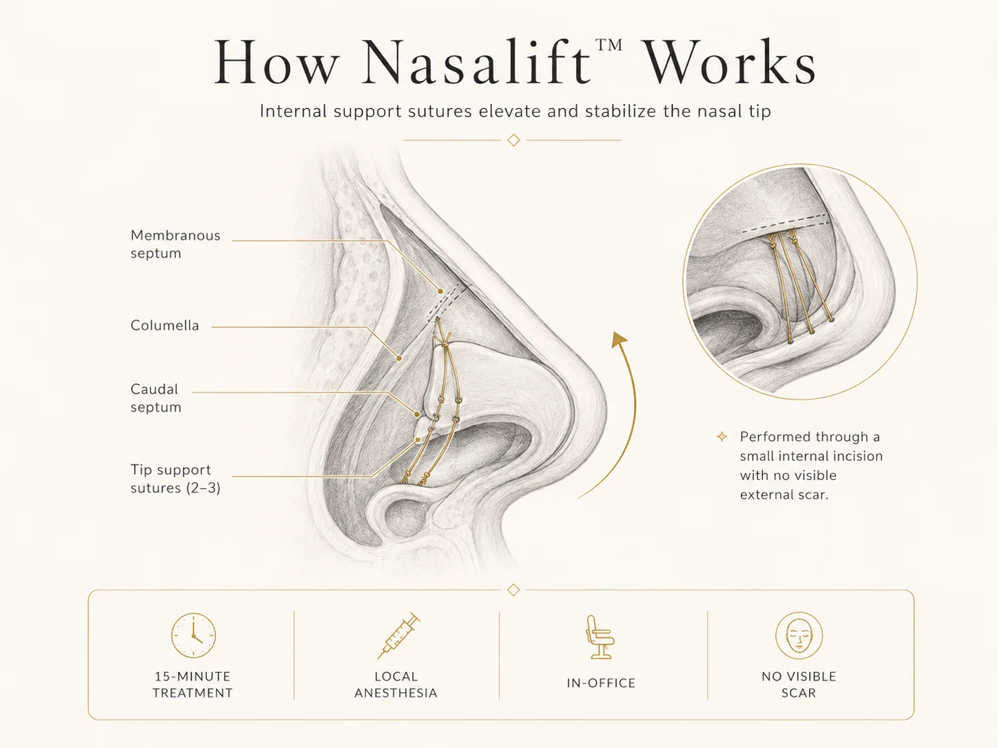 Medical cutaway illustration of the lower nose showing a small internal membranous septum incision and two to three support sutures repositioning the columella higher along the caudal septum to elevate the tip.
