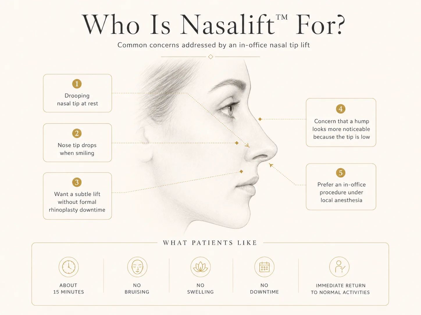 Infographic showing common concerns considered for Nasalift, including a drooping nasal tip at rest, tip descent when smiling, a hump that appears more noticeable because the tip is low, and preference for an in-office procedure.