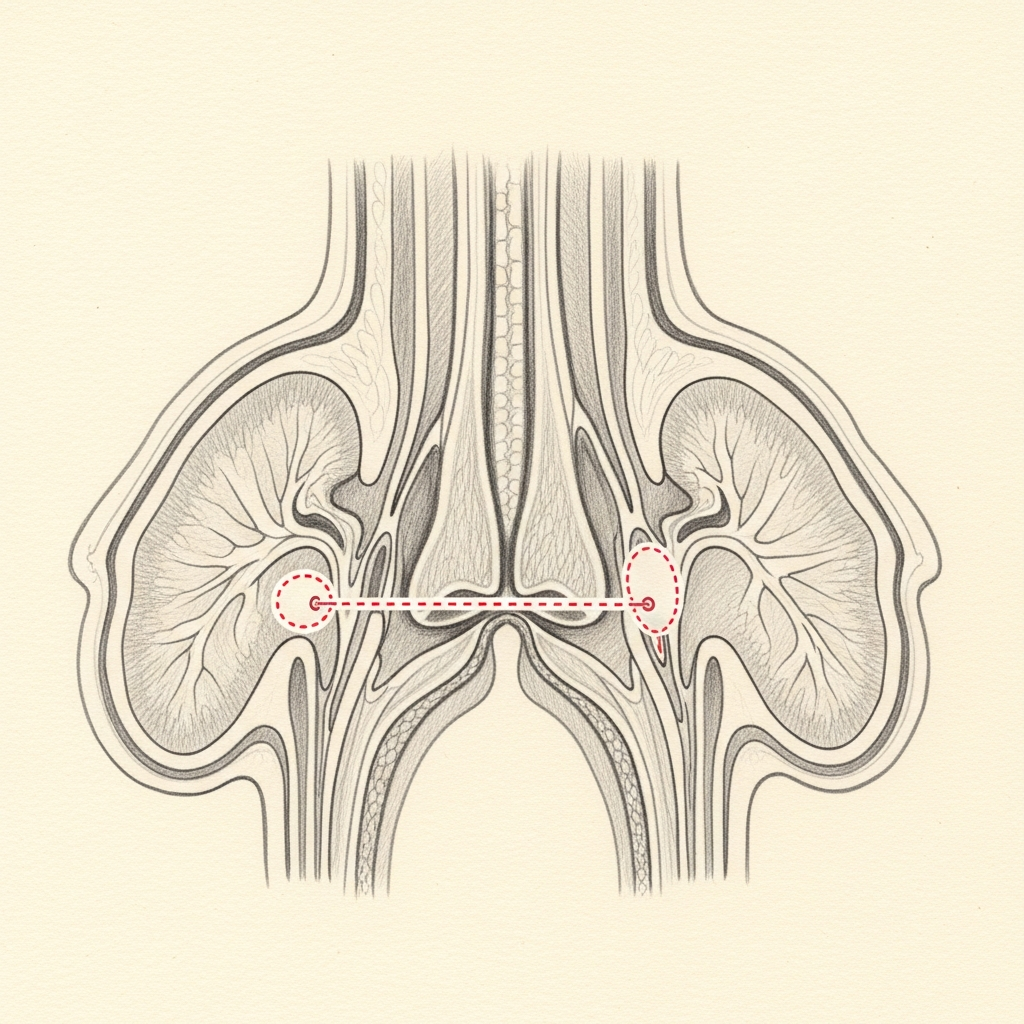 Balloon sinuplasty — pencil-sketch coronal cross-section. A red dotted balloon catheter inflates within the maxillary sinus ostium, dilating it gently.