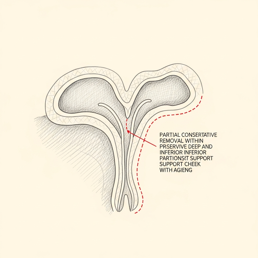 Pencil-sketch diagram of the buccal fat pad — partial conservative removal indicated by a small red dotted outline within the pad, preserving the deep and inferior portions that support the cheek with aging.