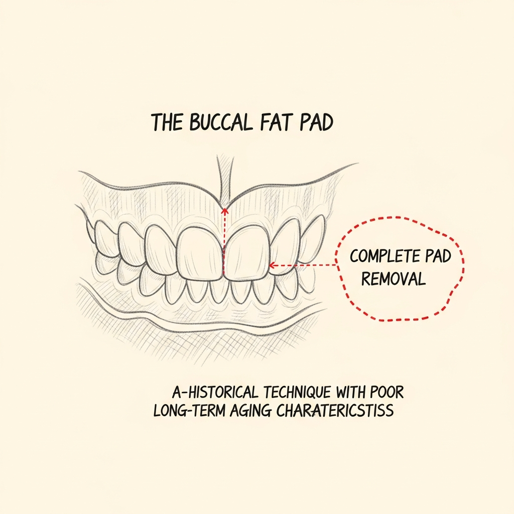 Pencil-sketch diagram of the buccal fat pad with a larger red dotted outline indicating complete pad removal — labeled as a historical technique with poor long-term aging characteristics.
