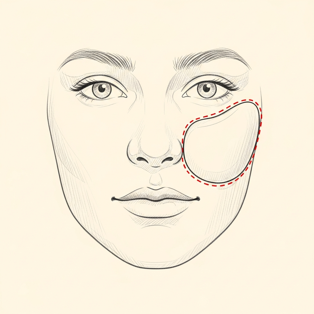 Pencil-sketch frontal view of the mid-face with a silicone cheek implant overlay on the malar bone — red dotted line marks the intra-oral incision in the upper gingivobuccal sulcus.