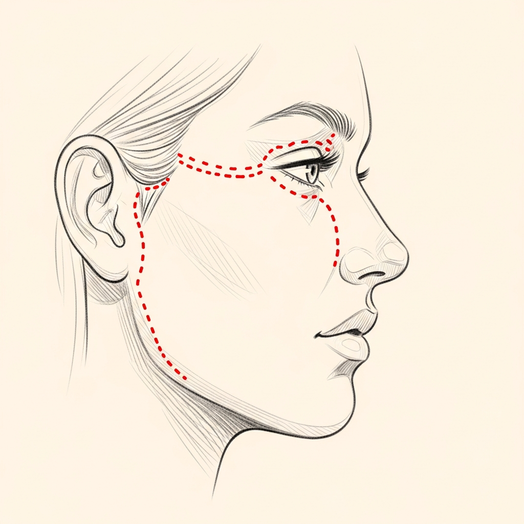 Pencil-sketch profile view of the mid-face with red dotted markers indicating fat-graft injection sites in the malar fat pad and sub-malar area.