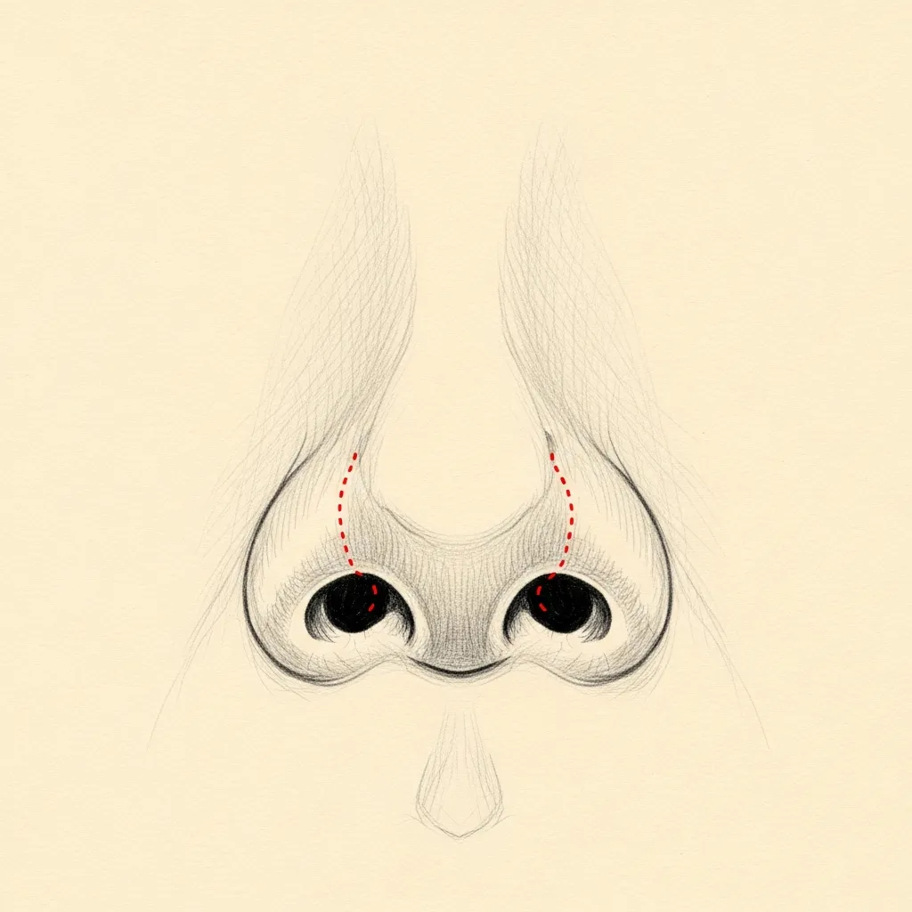 Closed (endonasal) rhinoplasty — editorial pencil-sketch, base-of-nose view. The columella is intact with no external mark; dotted red lines sit hidden inside each nostril rim.