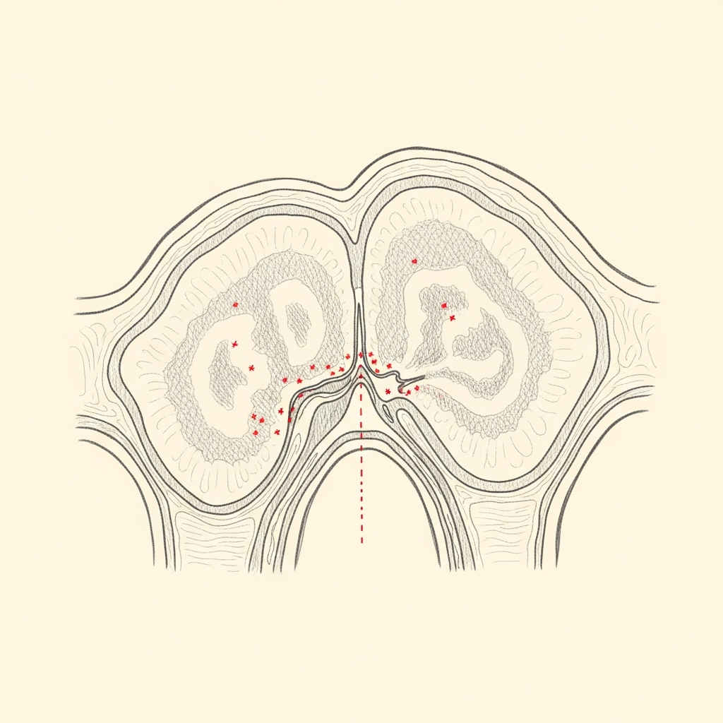 Pencil-sketch coronal cross-section of inflamed sinus mucosa with red dotted markers indicating diffuse mucosal swelling typical of viral inflammation — without focal purulence.