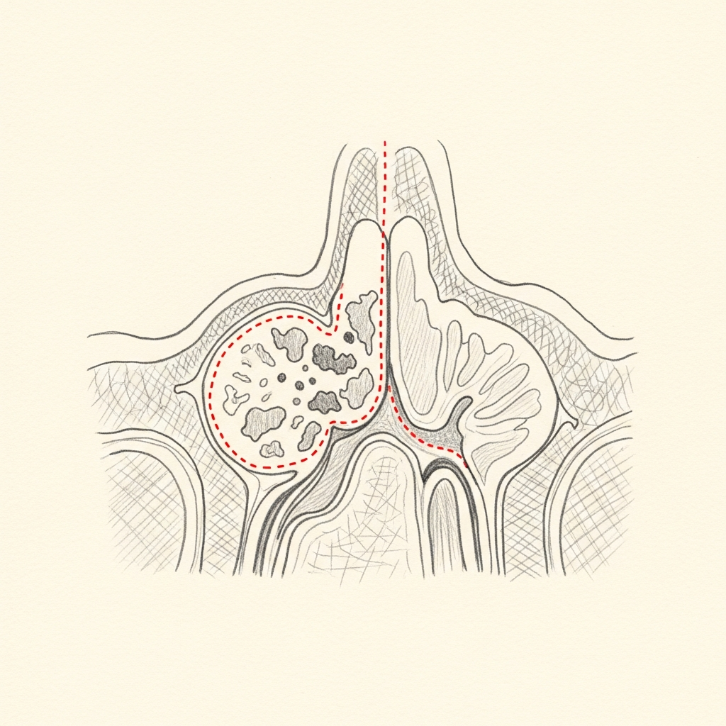 Pencil-sketch coronal cross-section showing focal purulent material in a maxillary sinus with red dotted outline indicating a fluid level — a finding suggestive of bacterial superinfection.