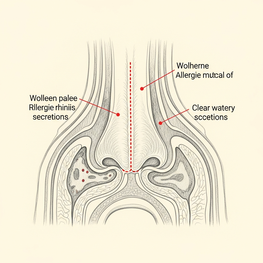 Pencil-sketch coronal cross-section of the nasal cavity with red dotted markers indicating swollen, pale mucosa typical of allergic rhinitis — and clear watery secretions.