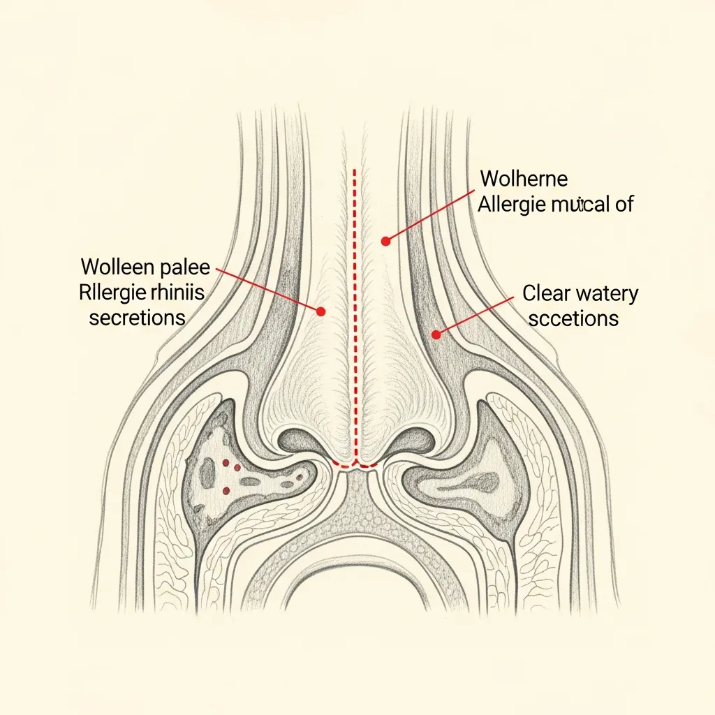 Pencil-sketch coronal cross-section of the nasal cavity with red dotted markers indicating swollen, pale mucosa typical of allergic rhinitis — and clear watery secretions.