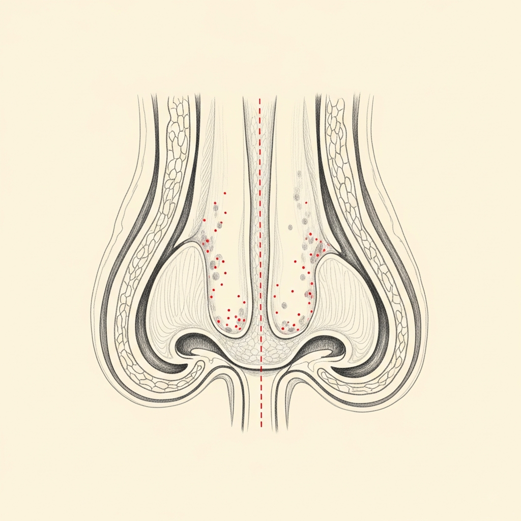 Pencil-sketch coronal cross-section showing nasal mucosa with red dotted markers indicating vascular congestion characteristic of vasomotor rhinitis — without the pale boggy appearance of allergy.