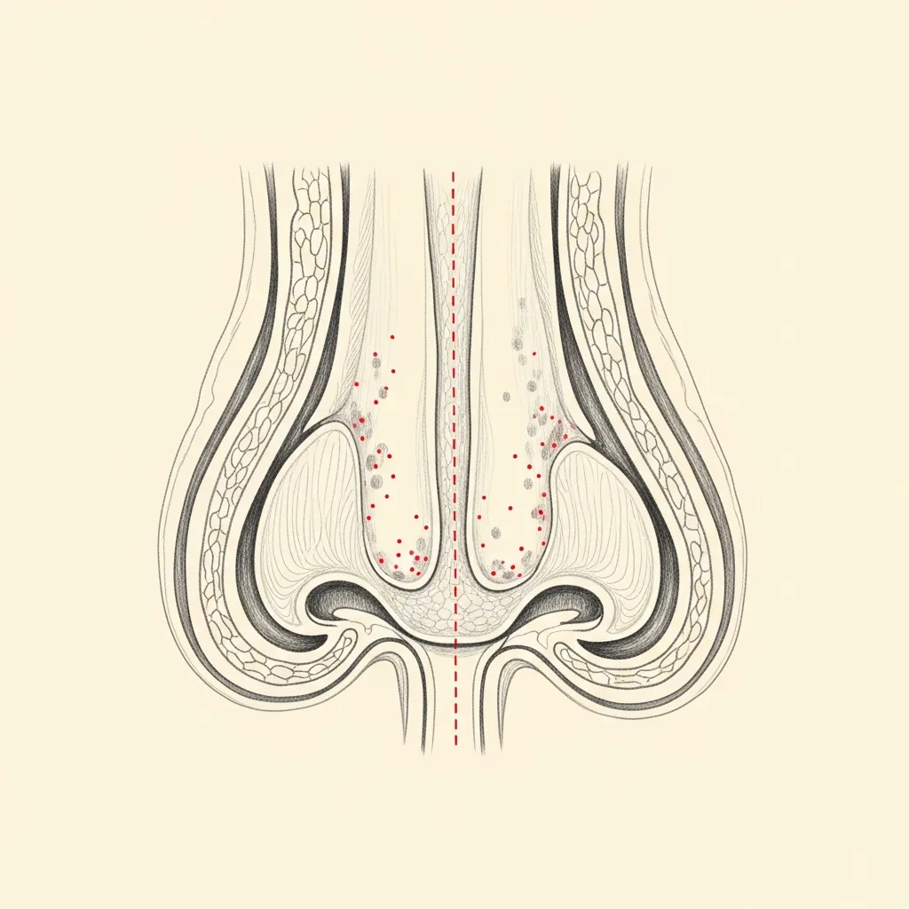 Pencil-sketch coronal cross-section showing nasal mucosa with red dotted markers indicating vascular congestion characteristic of vasomotor rhinitis — without the pale boggy appearance of allergy.