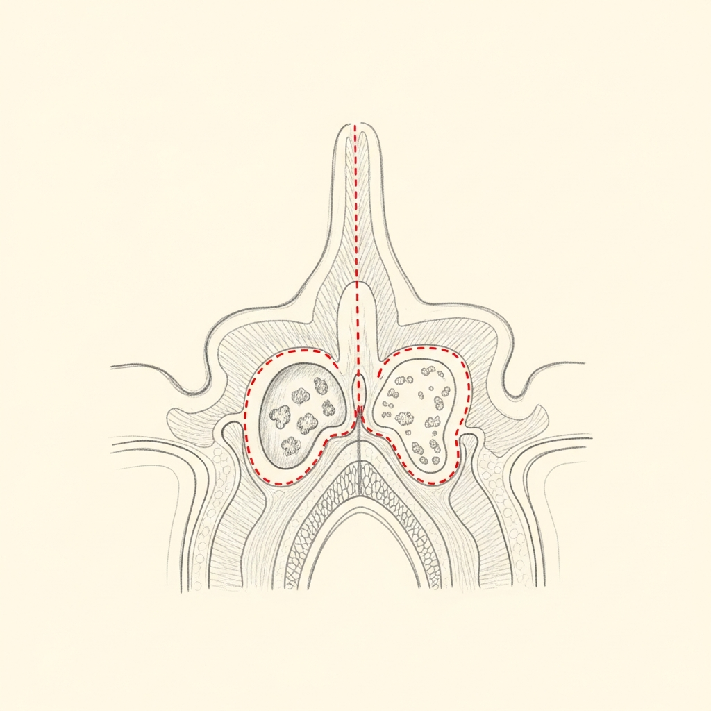 Pencil-sketch coronal cross-section of a maxillary sinus showing a discrete fungal ball; red dotted outline marks the fungal mass that remains contained within the sinus without bony erosion.