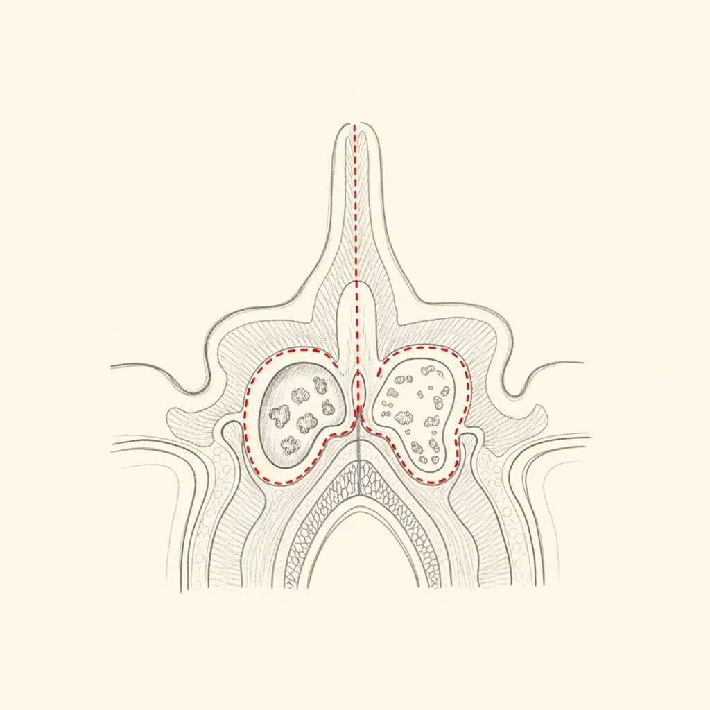 Pencil-sketch coronal cross-section of a maxillary sinus showing a discrete fungal ball; red dotted outline marks the fungal mass that remains contained within the sinus without bony erosion.