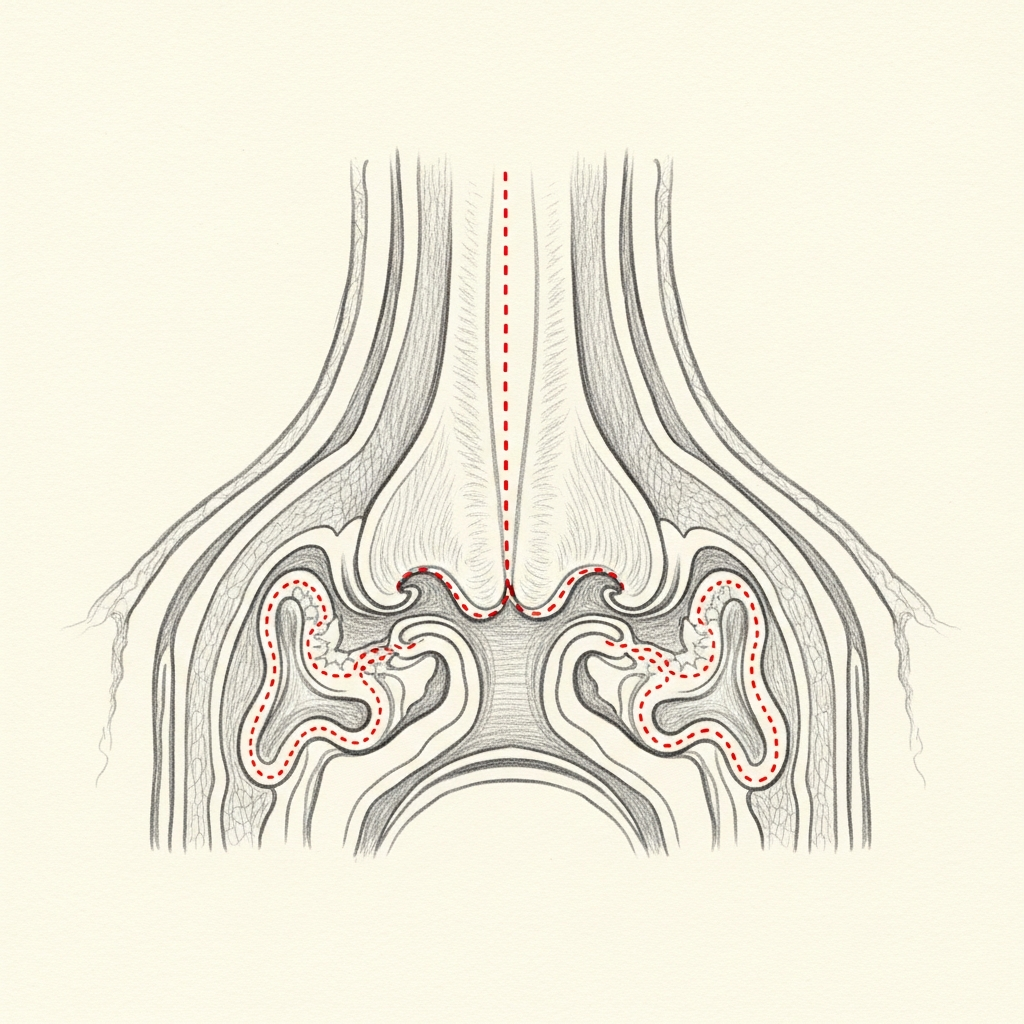 Pencil-sketch coronal cross-section of the nasal cavity with red dotted outlines marking soft pedunculated polyps filling the middle meatus and obstructing the sinus outflow tracts.