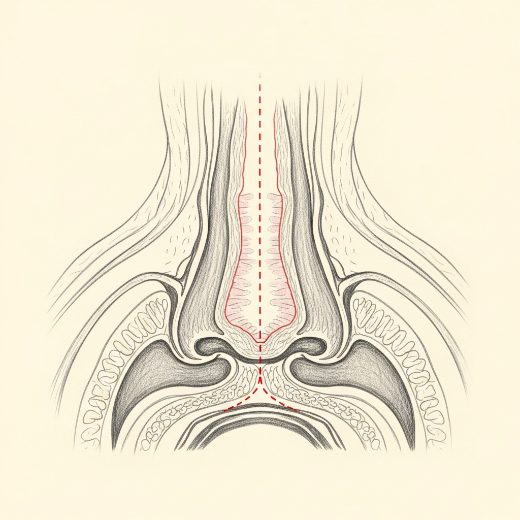 Pencil-sketch coronal cross-section of the nasal cavity showing normal thin pink mucosa with patent middle meatus and open sinus outflow tracts.