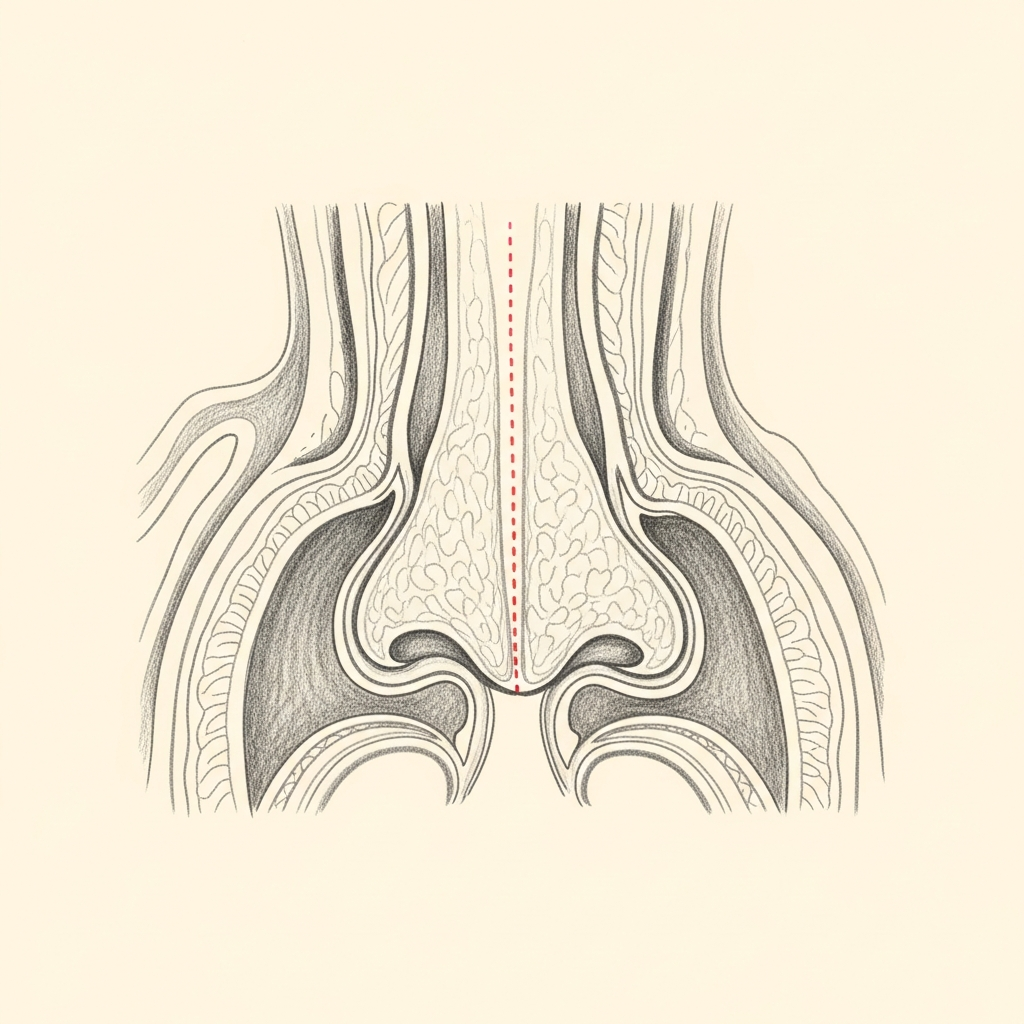 Pencil-sketch coronal cross-section of the nasal cavity showing a normal inferior turbinate of appropriate size, with adequate airspace between the turbinate and the nasal septum.