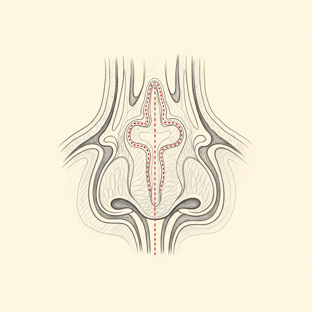 Pencil-sketch coronal cross-section of the nasal cavity showing an enlarged inferior turbinate with red dotted outline marking the hypertrophied submucosal tissue obstructing the airway between turbinate and septum.