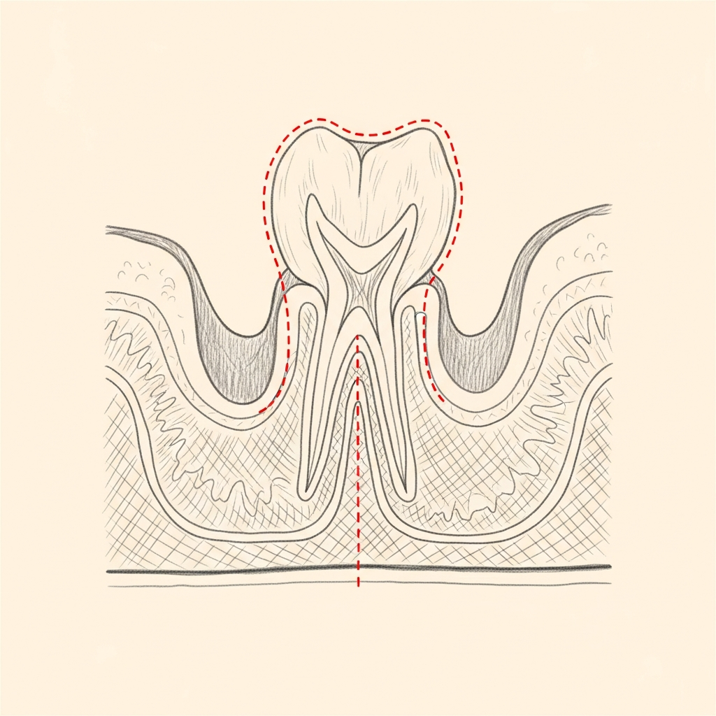 Pencil-sketch coronal cross-section showing the upper molar roots projecting upward into the floor of the maxillary sinus; red dotted outline indicates the close anatomic relationship.