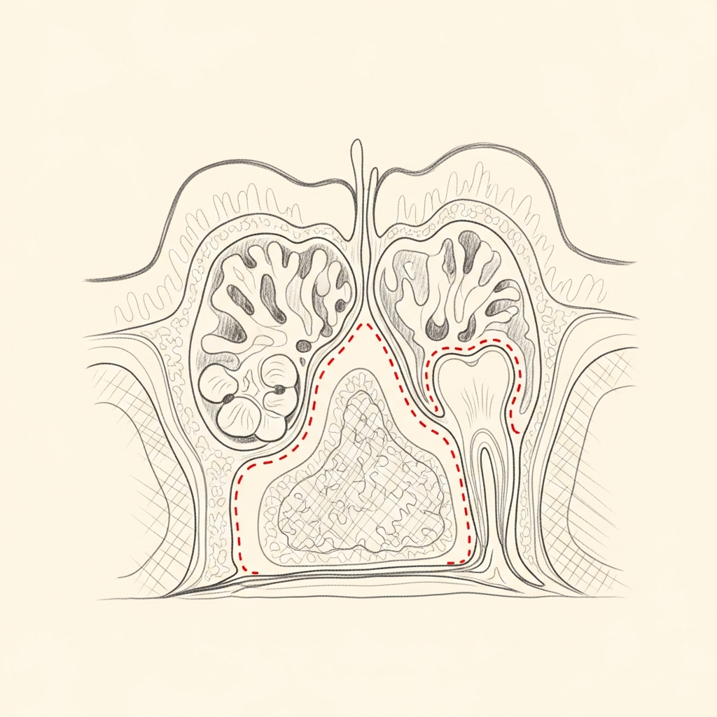 Pencil-sketch coronal cross-section showing a maxillary sinus filled with inflammatory material; red dotted outline marks a periapical lucency from an infected upper molar root extending into the sinus floor.