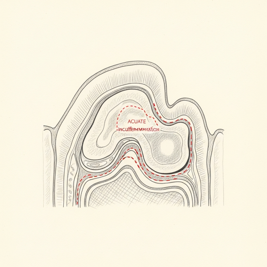Pencil-sketch coronal cross-section of an inflamed maxillary sinus showing acute mucosal swelling and a small fluid level; red dotted outline indicates the focal acute inflammation.