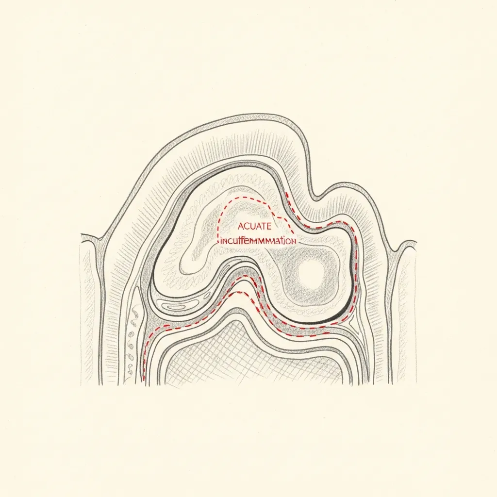 Pencil-sketch coronal cross-section of an inflamed maxillary sinus showing acute mucosal swelling and a small fluid level; red dotted outline indicates the focal acute inflammation.