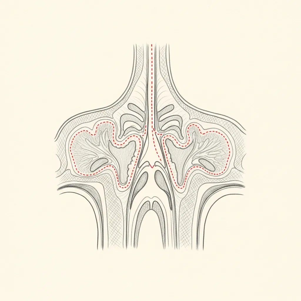 Pencil-sketch coronal cross-section showing chronic sinus mucosal thickening across multiple sinuses; red dotted outlines indicate persistent inflammatory changes and obstructed drainage pathways.