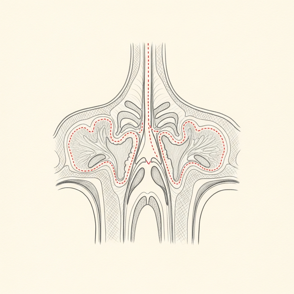 Pencil-sketch coronal cross-section showing chronic sinus mucosal thickening across multiple sinuses; red dotted outlines indicate persistent inflammatory changes and obstructed drainage pathways.