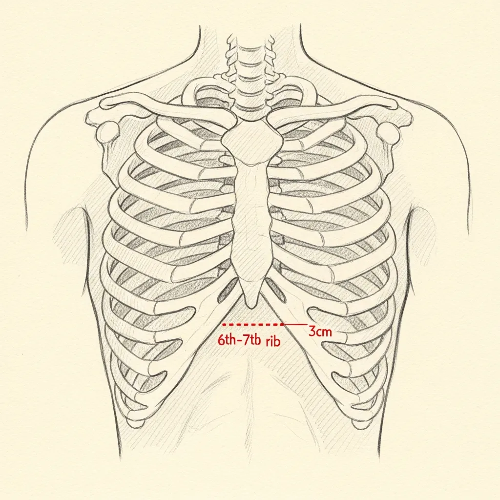 Costal cartilage graft harvest — pencil-sketch frontal view of the lower ribs. A small red dotted incision sits in the inframammary crease over the 6th-7th rib junction.