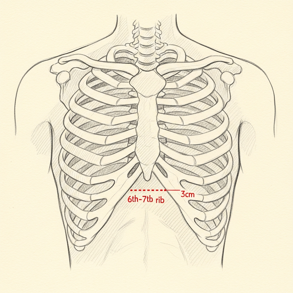 Costal cartilage graft harvest — pencil-sketch frontal view of the lower ribs. A small red dotted incision sits in the inframammary crease over the 6th-7th rib junction.