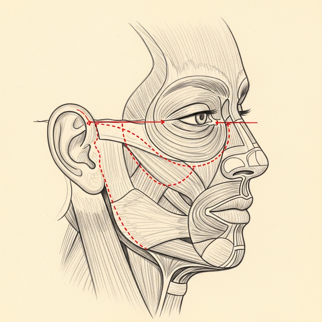 Deep plane facelift — pencil-sketch lateral diagram. Red dotted line traces the sub-SMAS dissection plane from in front of the ear across the cheek toward the midface.