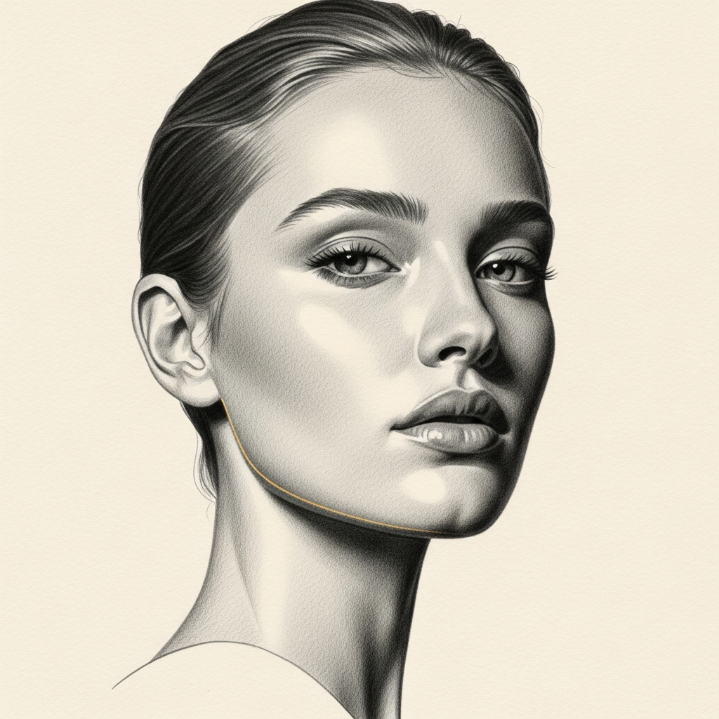 Soft pencil portrait of a woman with a refined, naturally lifted jawline and cheek, a faint gold accent tracing the contour