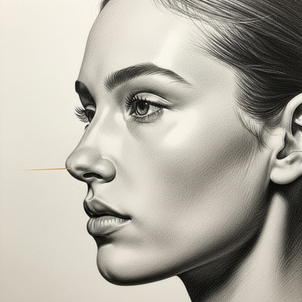 Soft pencil profile portrait of a woman with a balanced, elegant nasal profile, a faint gold accent following the dorsal line