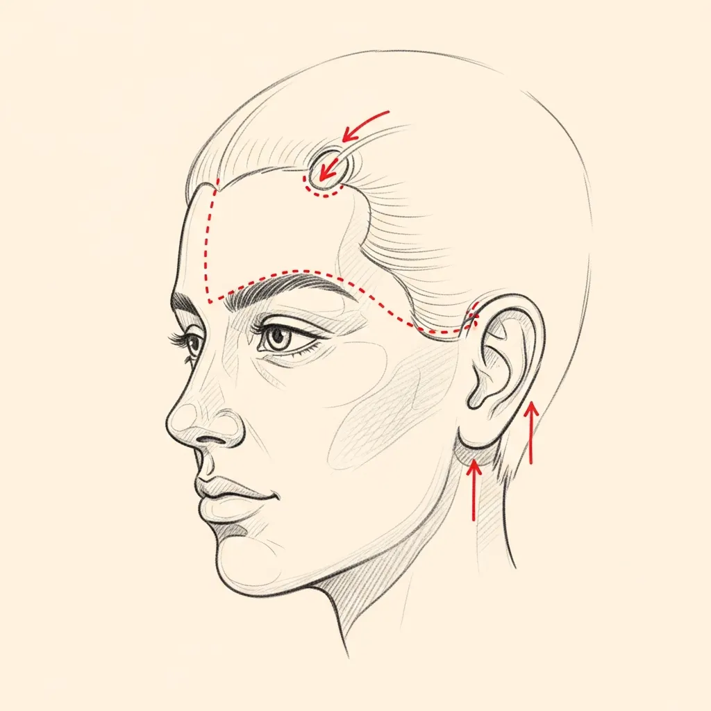 Pencil-sketch lateral view of the face with red dotted markers showing two small temporal scalp incisions inside the hairline and a hidden intra-oral incision; arrows indicate vertical mid-face elevation.