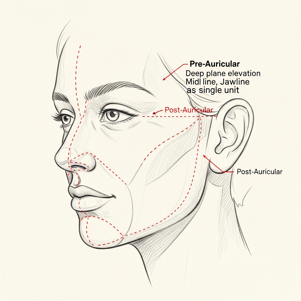 Pencil-sketch lateral view of the face with red dotted lines marking the pre-auricular and post-auricular facelift incisions; vectors show deep-plane elevation of the mid-face, jawline, and neck as a single unit.