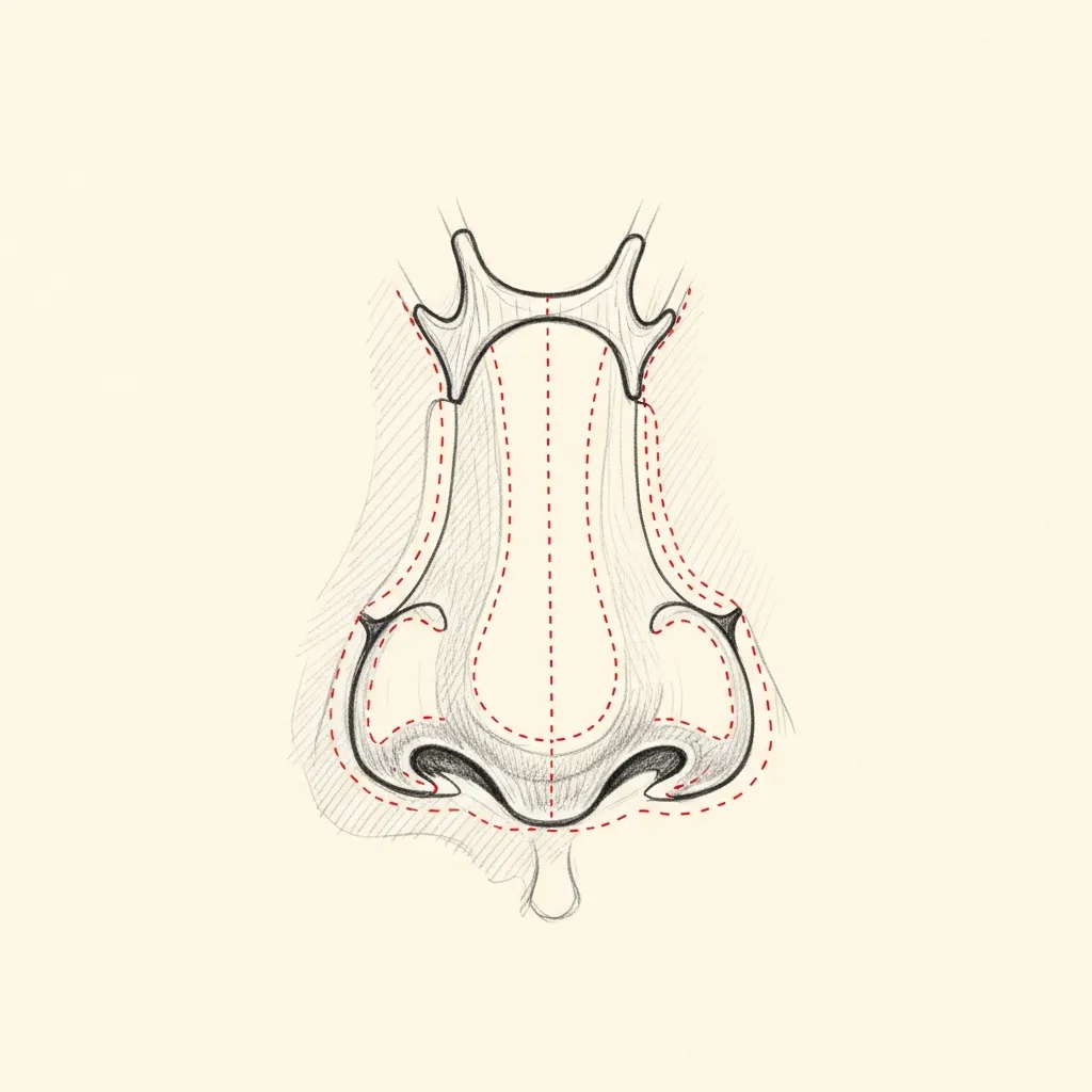Pencil-sketch base view of the nose with red dotted outlines indicating a columellar strut graft and tip-defining cartilage sutures supporting the lower lateral cartilages.