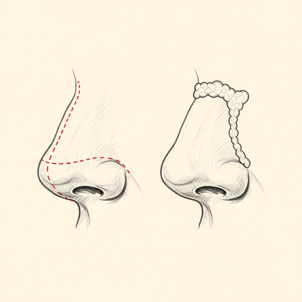 Pencil-sketch lateral view of the nose showing two scenarios: red dotted line marking a conservative dorsal reduction, and a separate diagram showing a cartilage augmentation graft over the dorsum.