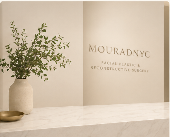 Warm MouradNYC consultation room with a sculptural vase and greenery