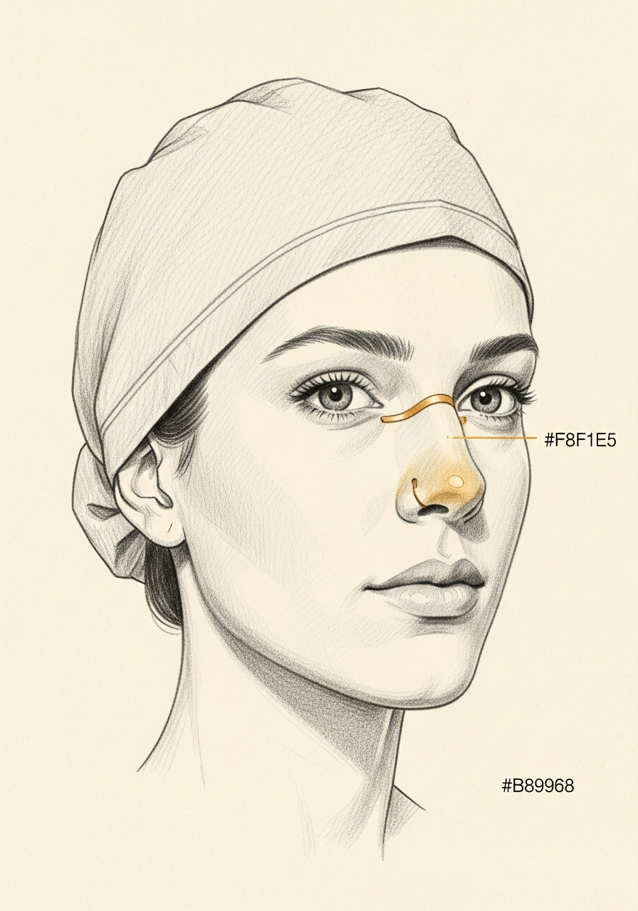 Editorial pencil-sketch portrait — post-traumatic nasal repair