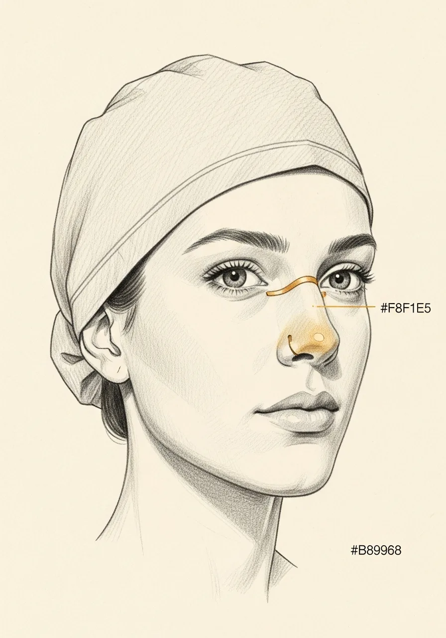 Editorial pencil-sketch portrait — post-traumatic nasal repair
