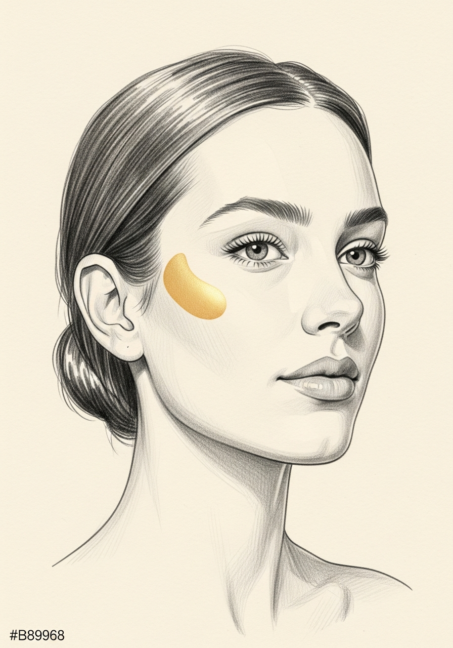 Editorial pencil-sketch portrait — defined zygomatic structure after cheek augmentation