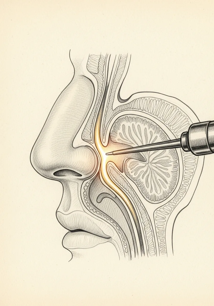 Editorial pencil-sketch illustration of endoscopic sinus surgery — the sinus drainage pathways viewed through the nostril