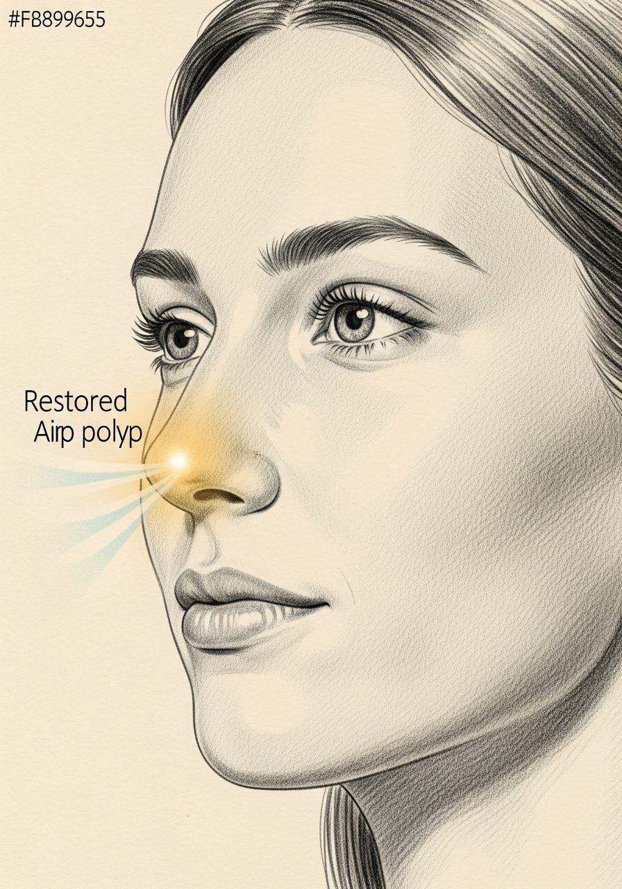Editorial pencil-sketch portrait — clear nasal airway after polyp surgery