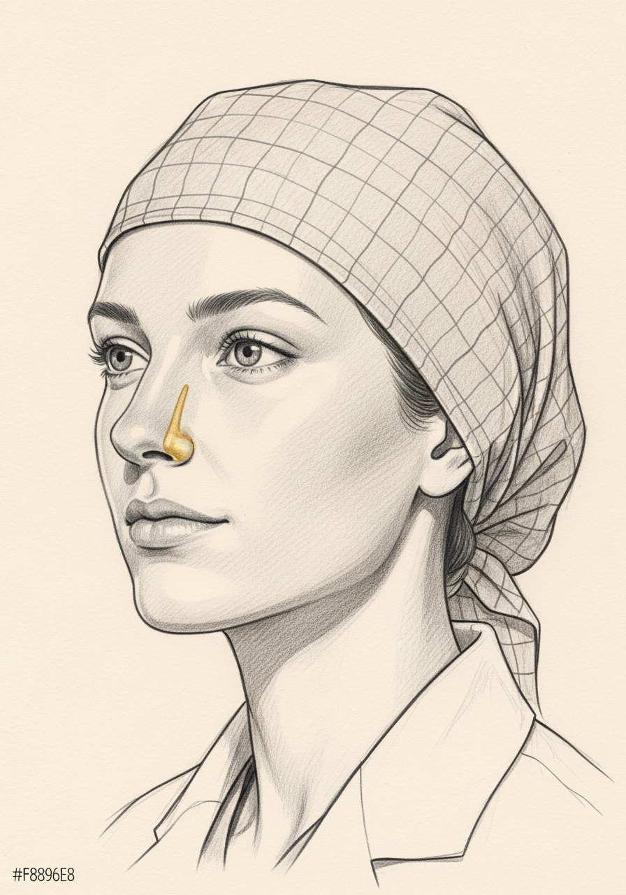 Editorial pencil-sketch portrait — open patent nasal airway after valve reconstruction