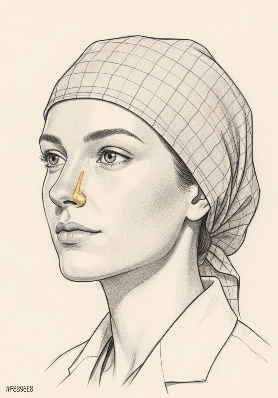 Editorial pencil-sketch portrait — open patent nasal airway after valve reconstruction