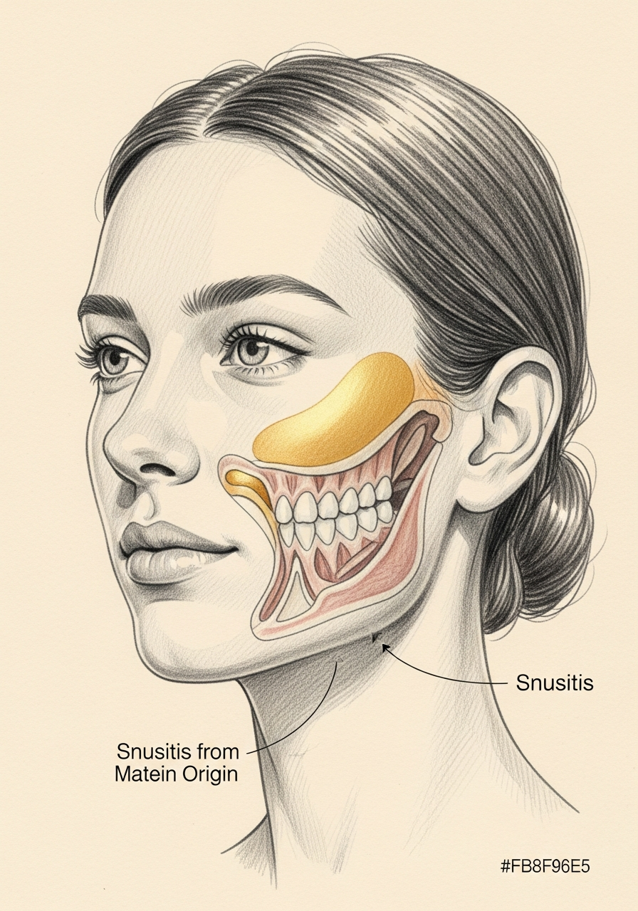 Editorial pencil-sketch portrait — clinical evaluation of dental-origin maxillary sinusitis