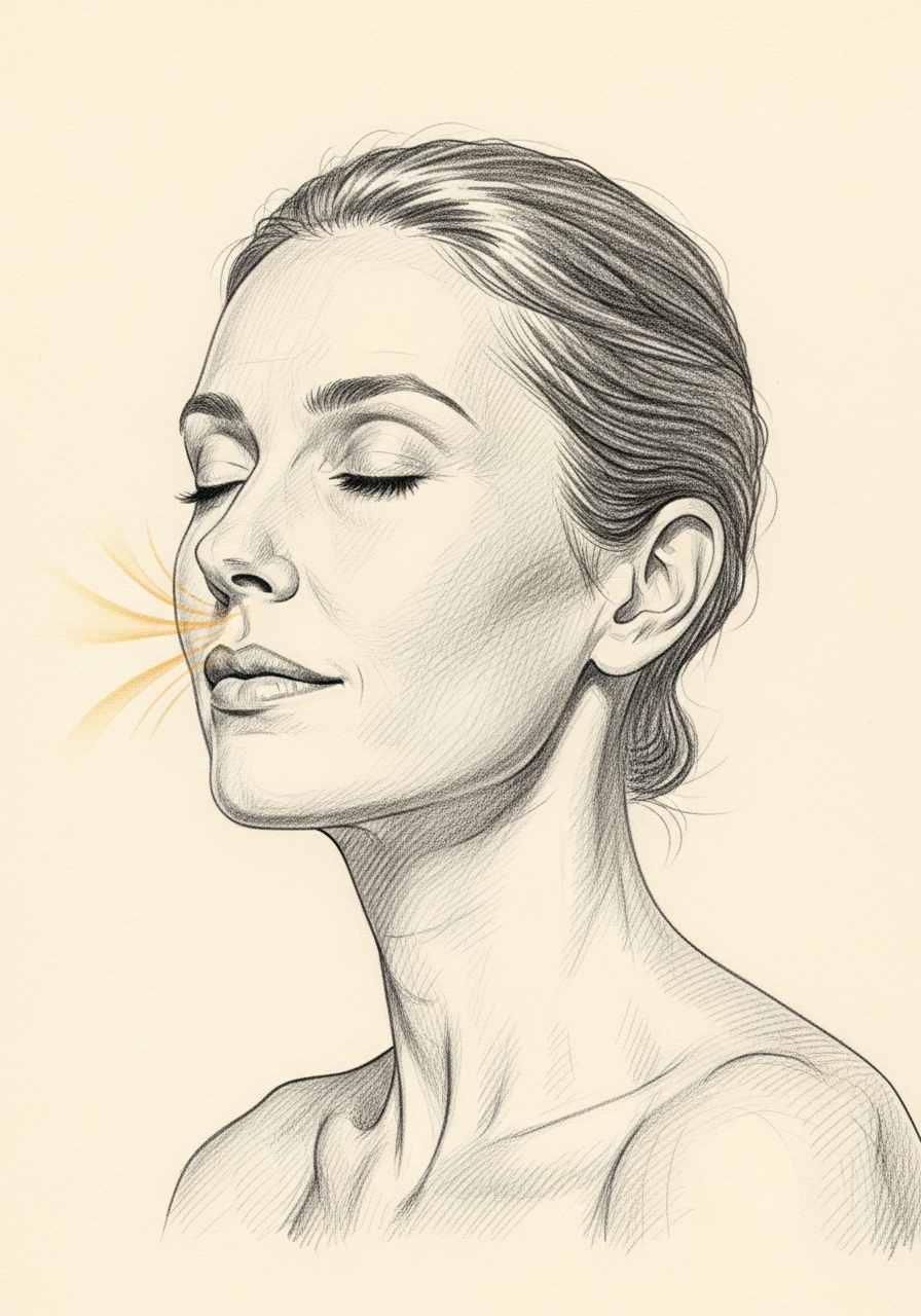 Editorial pencil-sketch portrait — calm contemplative breathing after sinus surgery