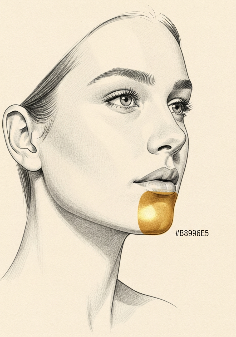 Editorial pencil-sketch portrait — refined chin and jawline profile after genioplasty