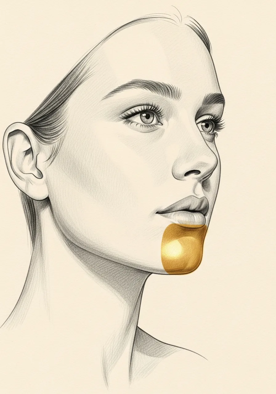 Editorial pencil-sketch portrait — refined chin and jawline profile after genioplasty