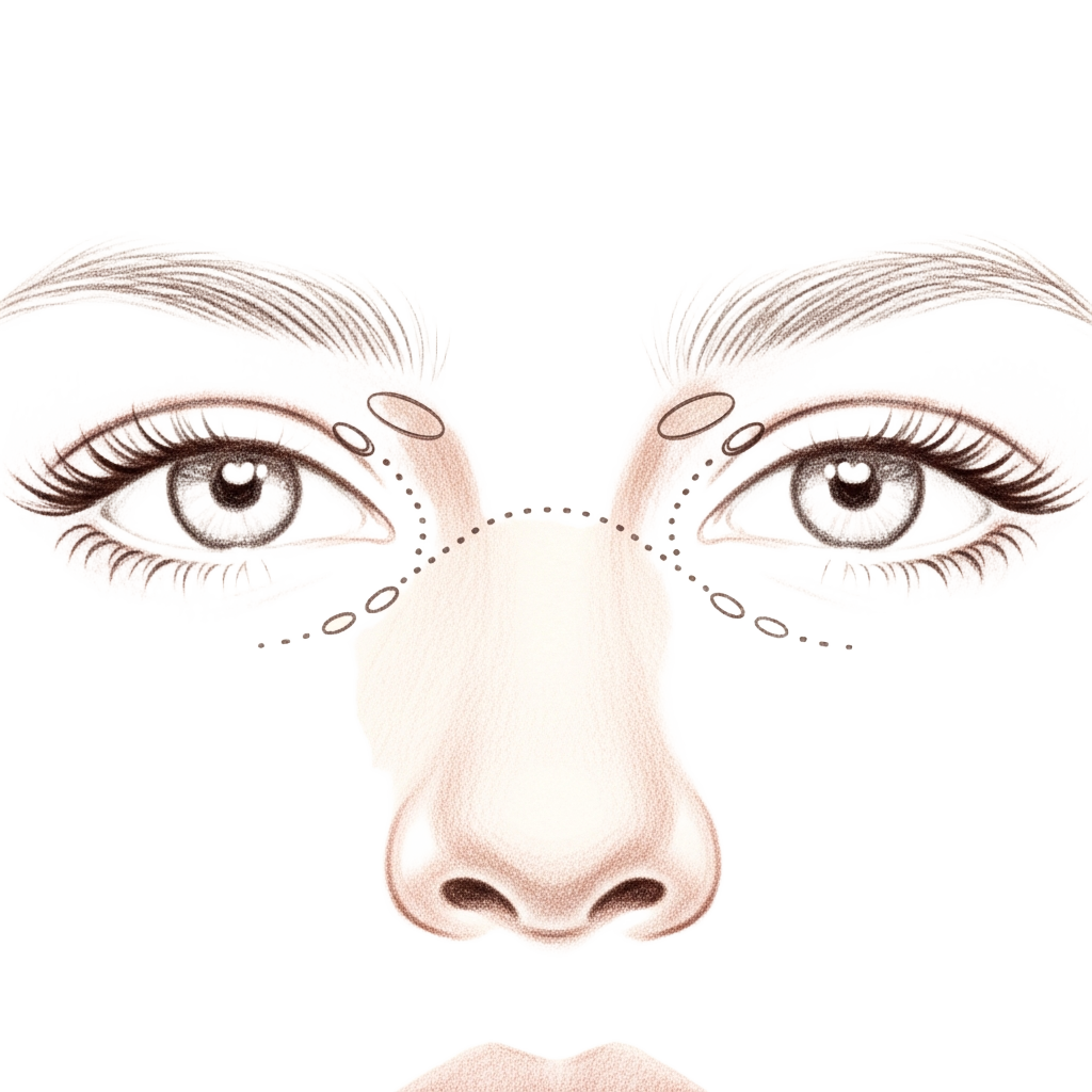 Pencil-sketch illustration of the paranasal sinuses and their natural drainage pathways into the nasal cavity.