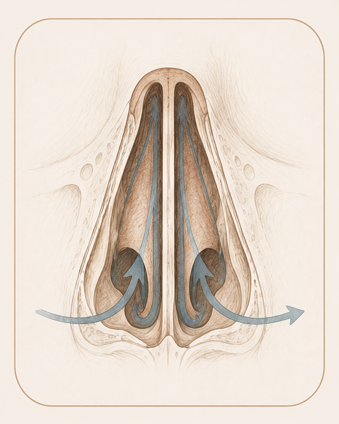 Anatomical illustration looking up into the nostrils showing a straightened nasal septum after septoplasty, with airflow restored through both sides