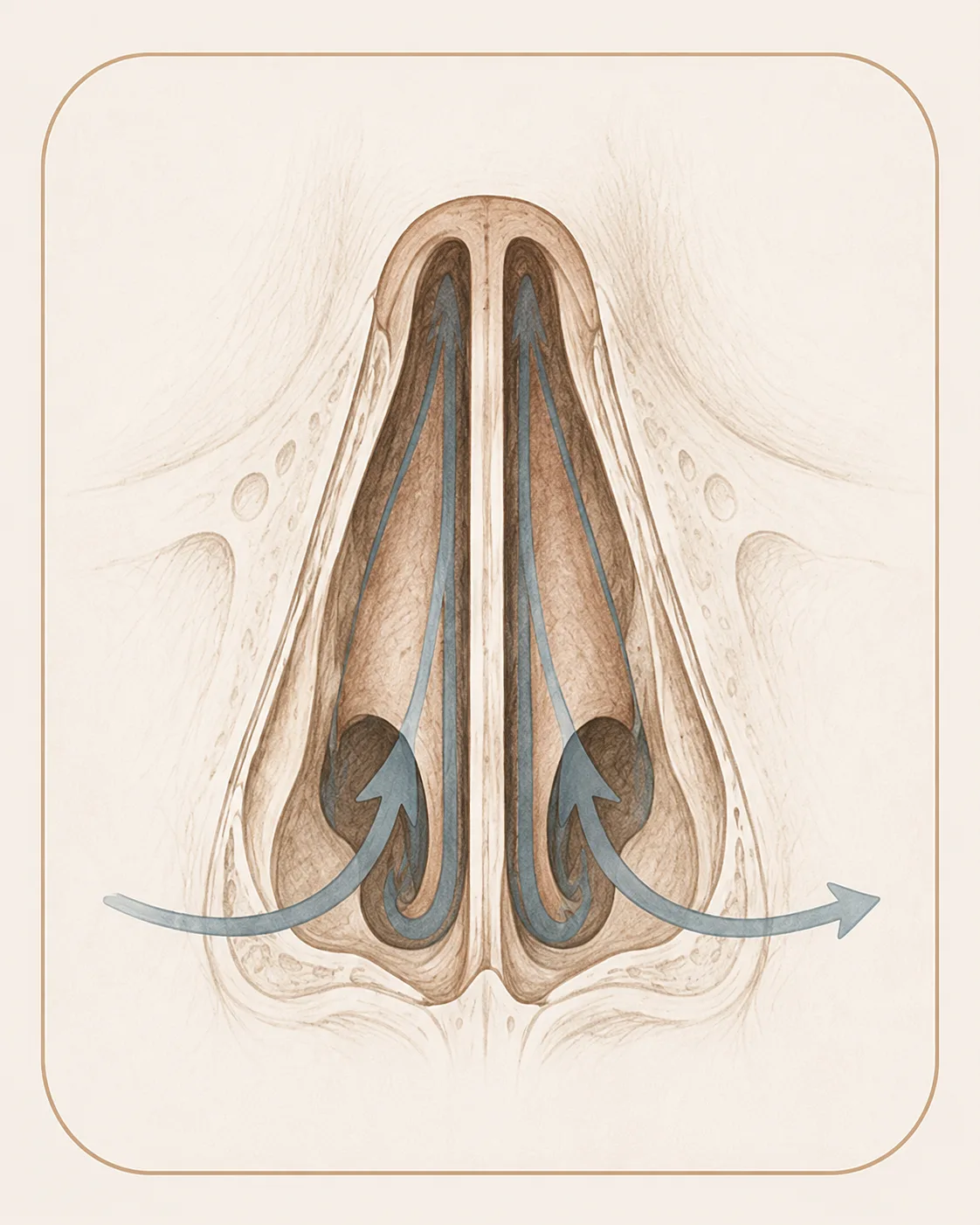 Anatomical illustration looking up into the nostrils showing a straightened nasal septum after septoplasty, with airflow restored through both sides